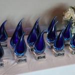Blue glass awards lined up on a table
